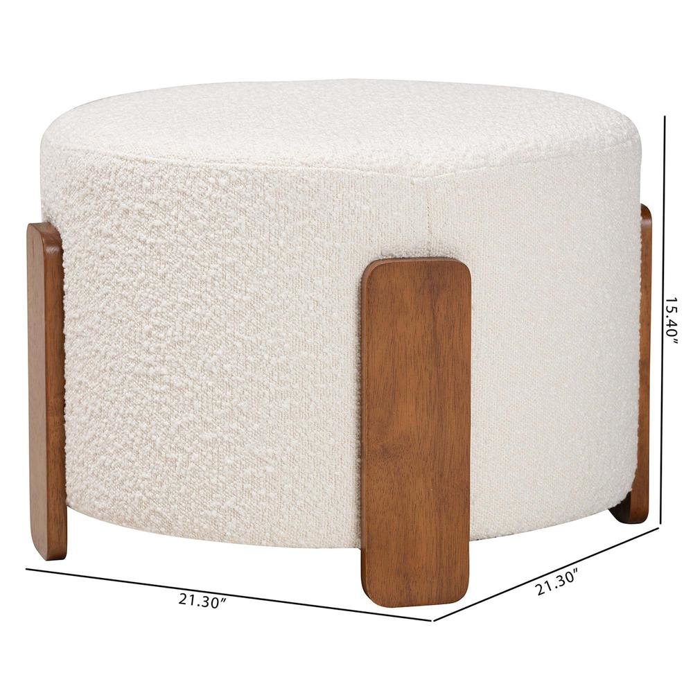 Japandi Cream Boucle Fabric and Walnut Brown Finished Wood Ottoman Footstool. Picture 14