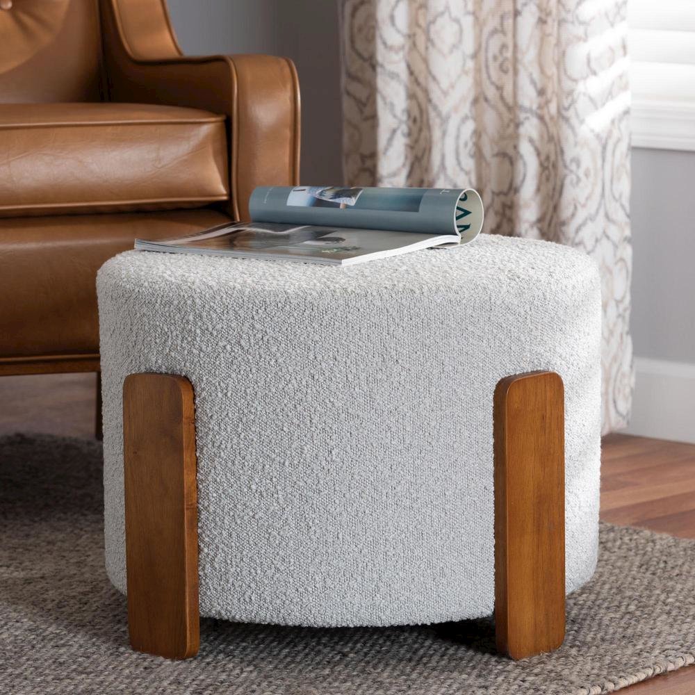 Light Grey Boucle Fabric and Walnut Brown Finished Wood Ottoman Footstool. Picture 12