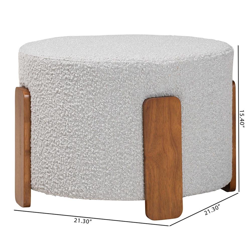 Light Grey Boucle Fabric and Walnut Brown Finished Wood Ottoman Footstool. Picture 14