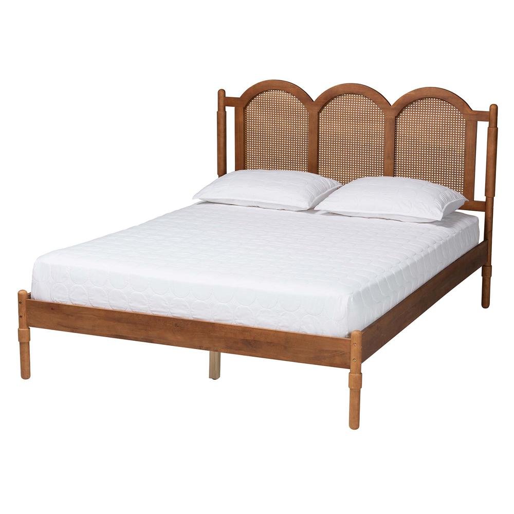 Modern Walnut Brown Finished Wood Queen Size Platform Bed with Woven Rattan. Picture 10