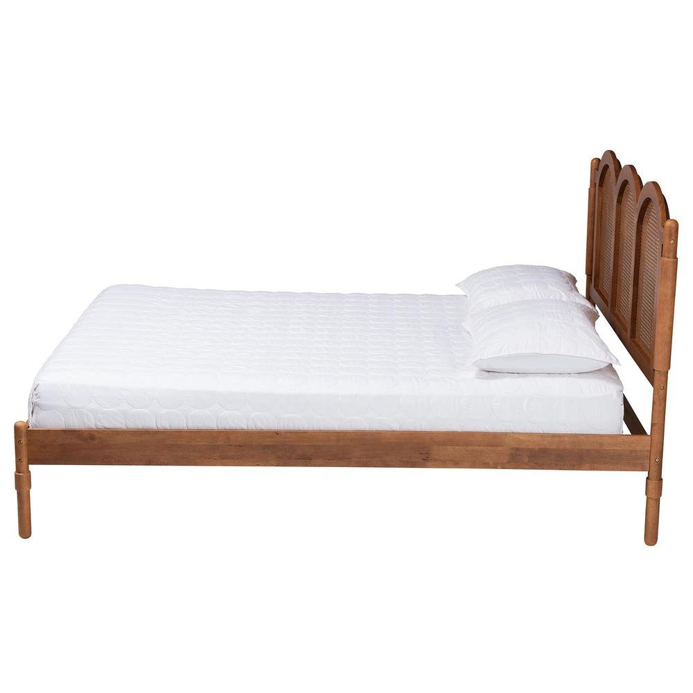 Modern Walnut Brown Finished Wood Queen Size Platform Bed with Woven Rattan. Picture 11