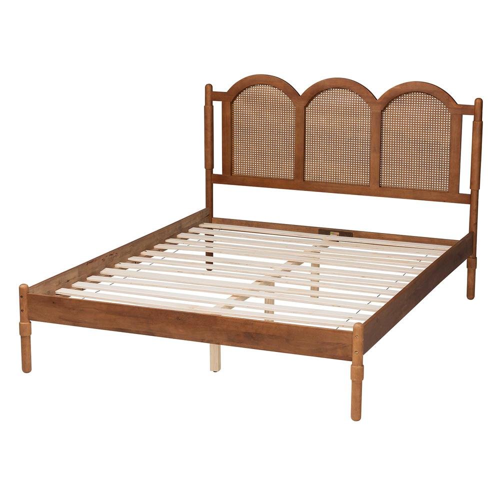 Modern Walnut Brown Finished Wood Queen Size Platform Bed with Woven Rattan. Picture 12