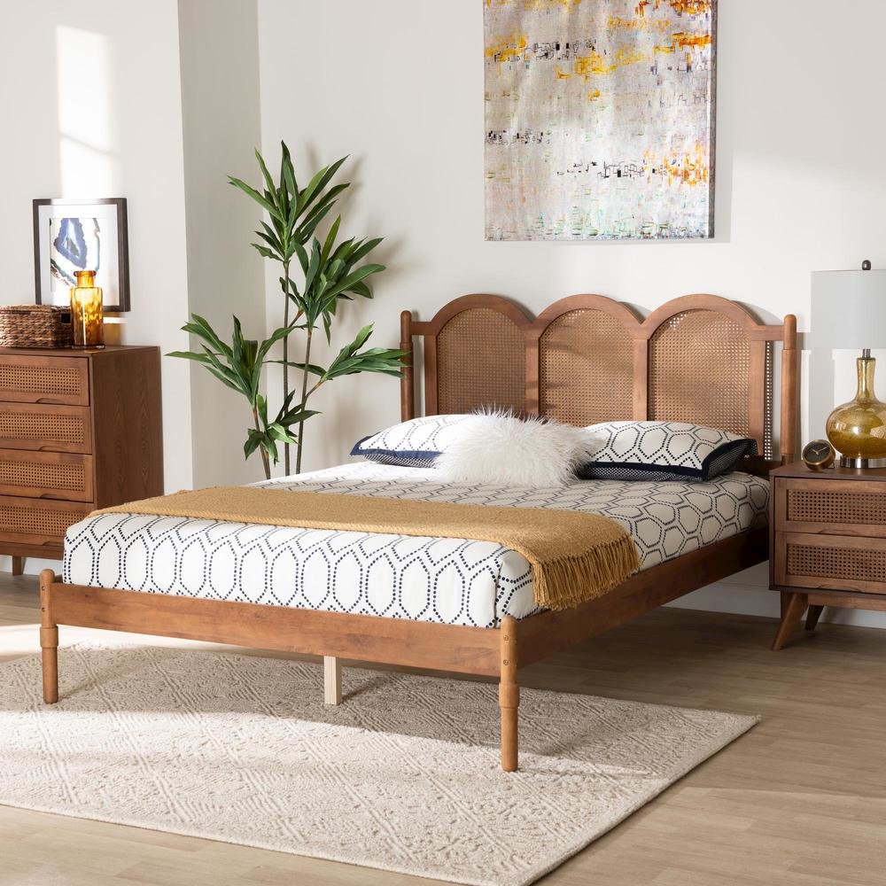 Modern Walnut Brown Finished Wood Queen Size Platform Bed with Woven Rattan. Picture 16