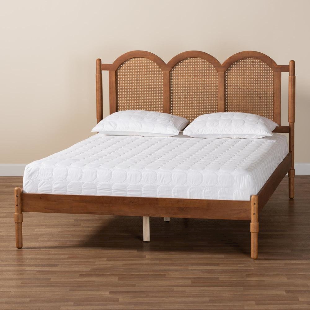 Modern Walnut Brown Finished Wood Queen Size Platform Bed with Woven Rattan. Picture 17