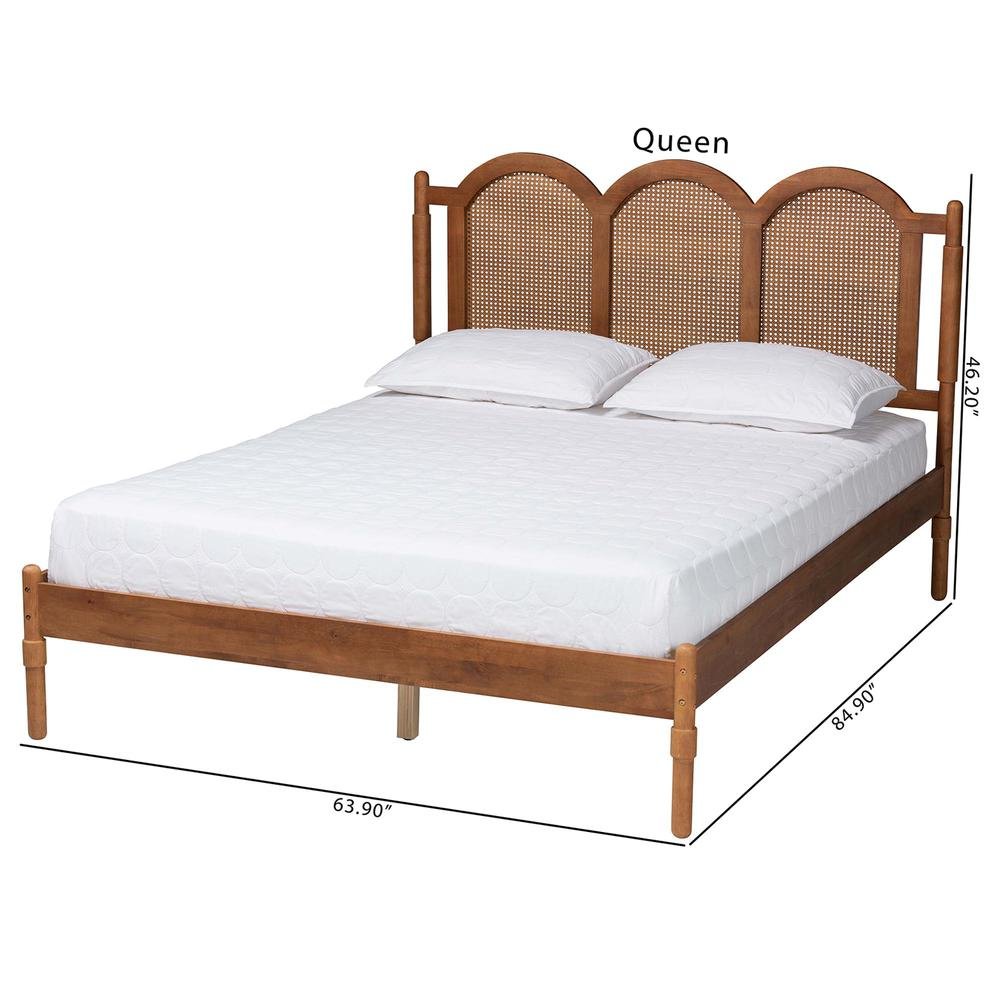 Modern Walnut Brown Finished Wood Queen Size Platform Bed with Woven Rattan. Picture 18