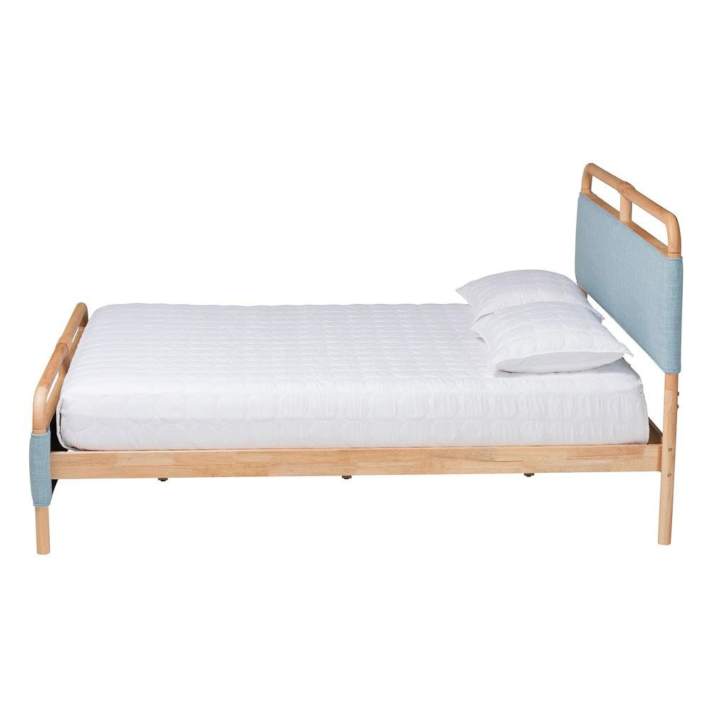 Contemporary Baby Blue Fabric and Natural Wood Queen Size Platform Bed. Picture 11
