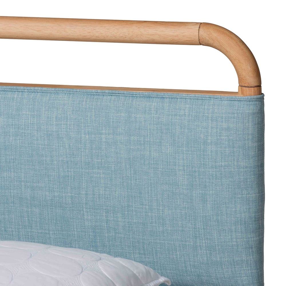 Contemporary Baby Blue Fabric and Natural Wood Queen Size Platform Bed. Picture 13