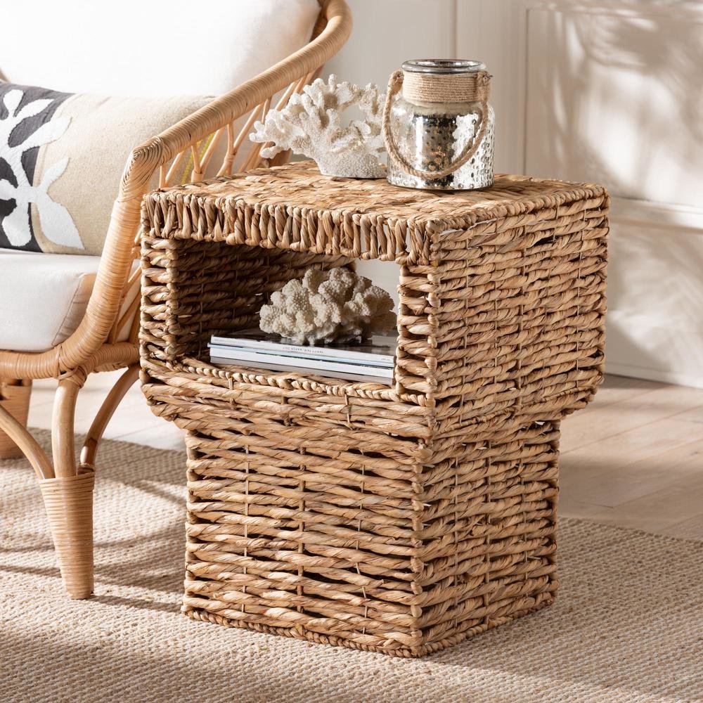 bali & pari Raziel Modern Bohemian Natural Brown Seagrass and Wood End Table. Picture 14