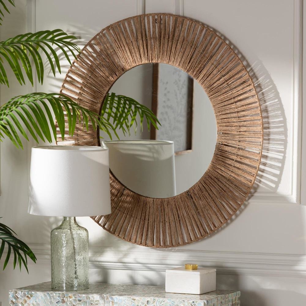 Bohemian Metal and Natural Brown Seagrass Accent Wall Mirror. Picture 7