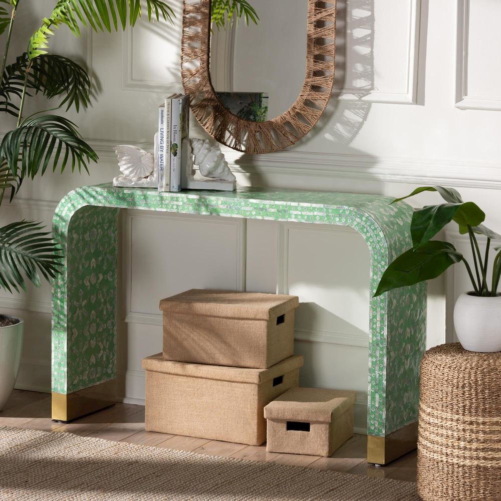 Didrika Modern Bohemian Seafoam Green Mother of Peral Console Table. Picture 14