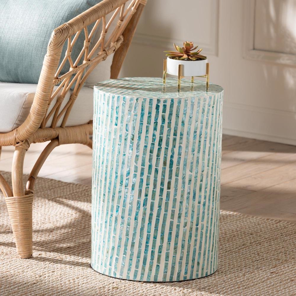 Baxton Studio Draven Modern Bohemian White and Blue Mother of Pearl End Table. Picture 12