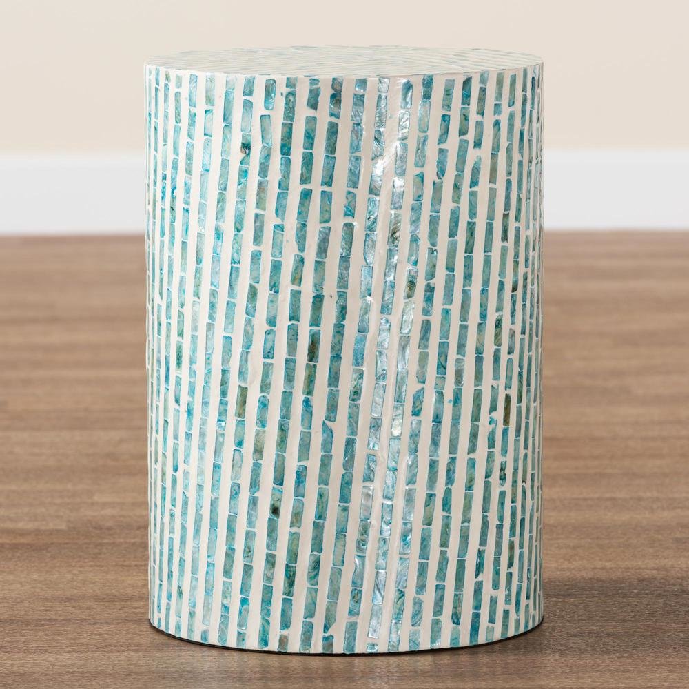 Baxton Studio Draven Modern Bohemian White and Blue Mother of Pearl End Table. Picture 13