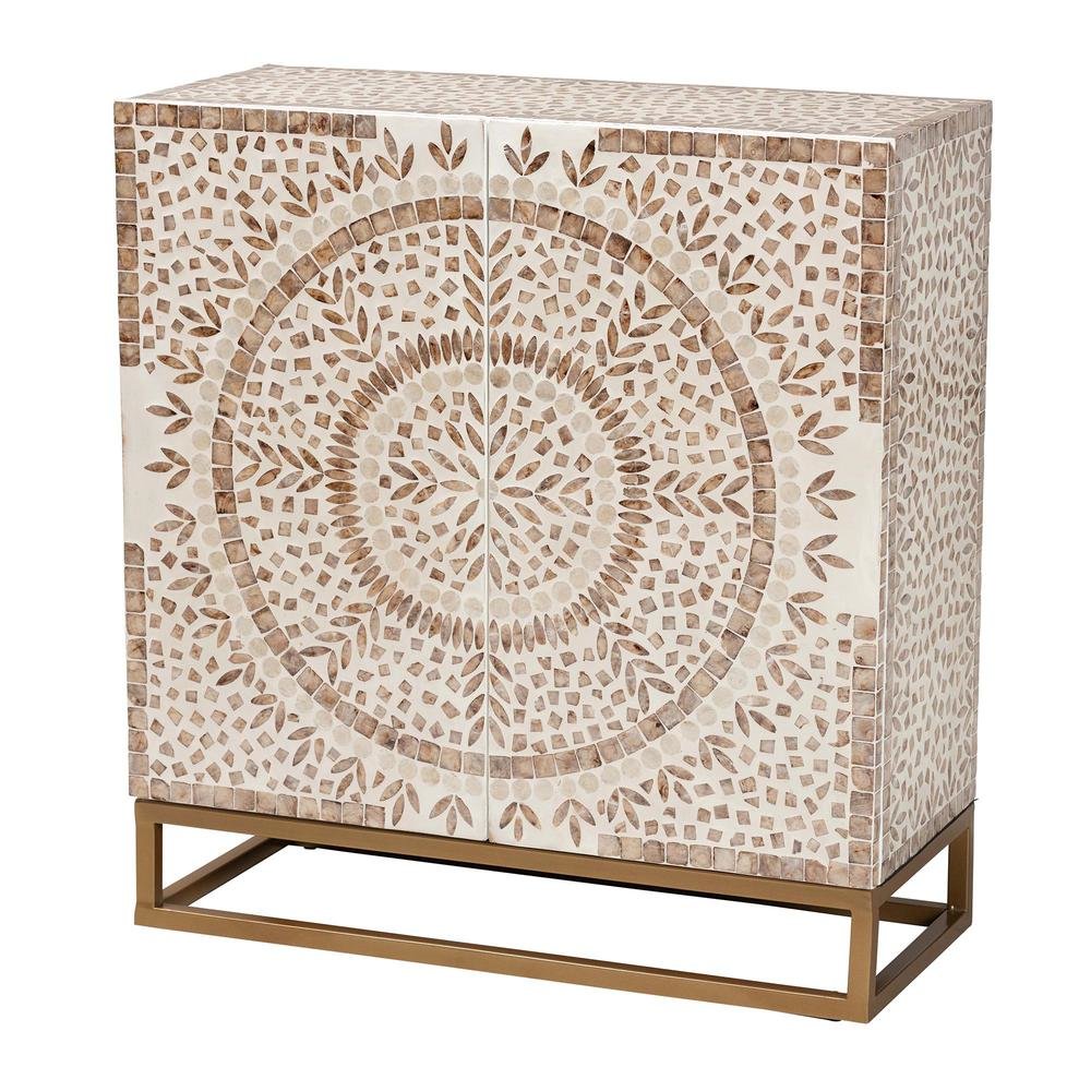 Ercilia Modern Bohemian White and Rustic Brown Mother of Pearl Storage Cabinet. Picture 11