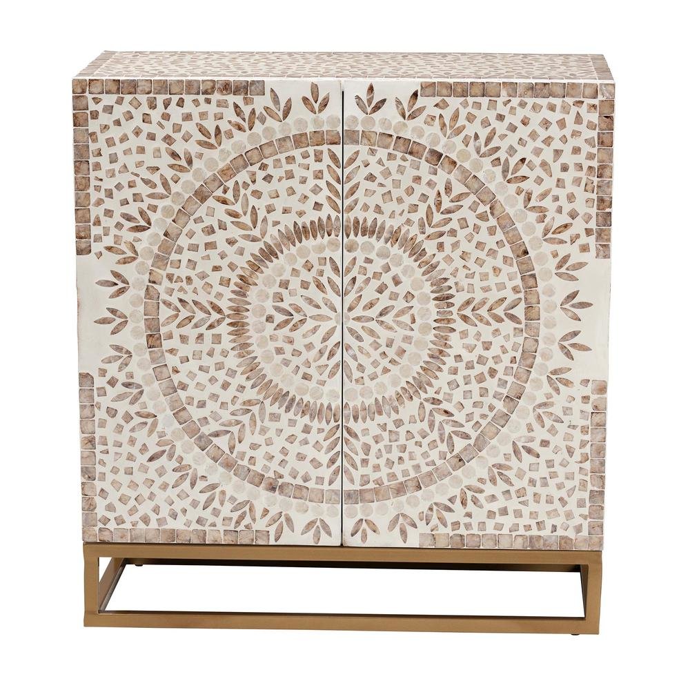Ercilia Modern Bohemian White and Rustic Brown Mother of Pearl Storage Cabinet. Picture 13