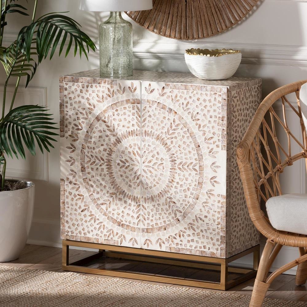Ercilia Modern Bohemian White and Rustic Brown Mother of Pearl Storage Cabinet. Picture 18