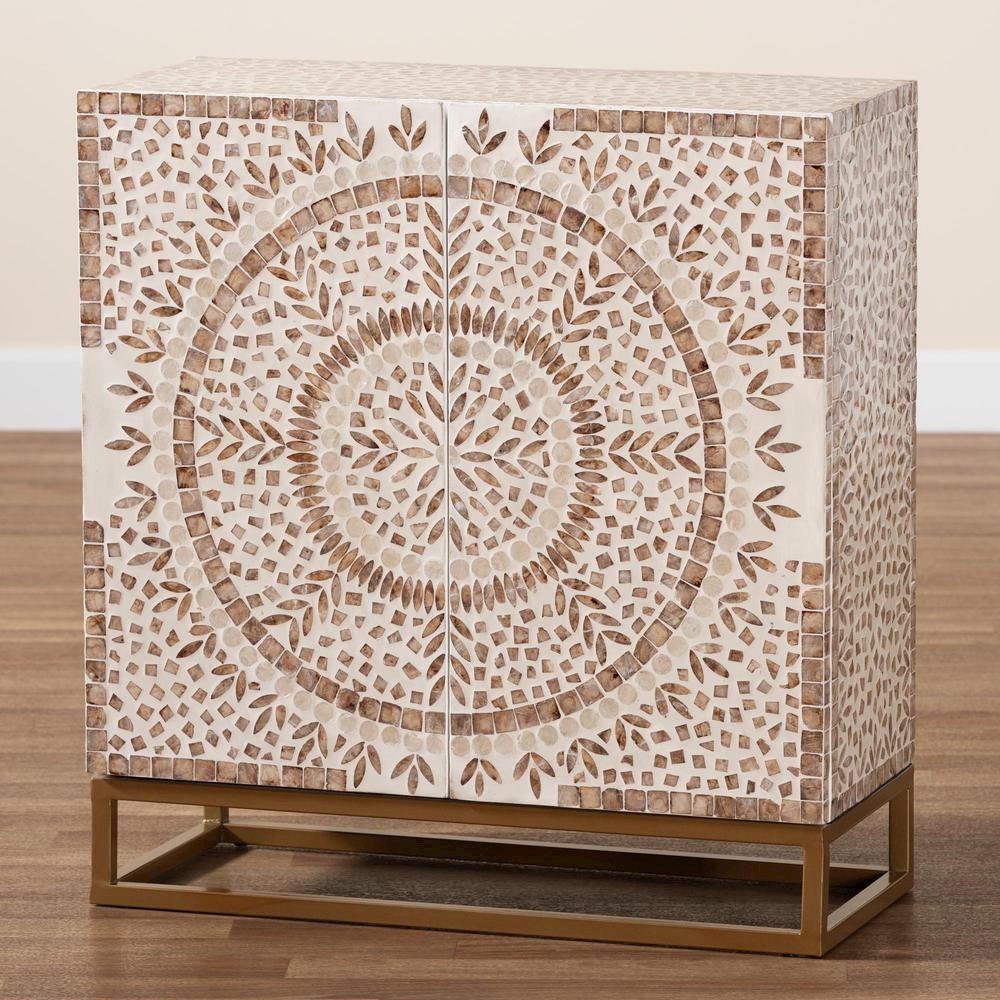 Ercilia Modern Bohemian White and Rustic Brown Mother of Pearl Storage Cabinet. Picture 19