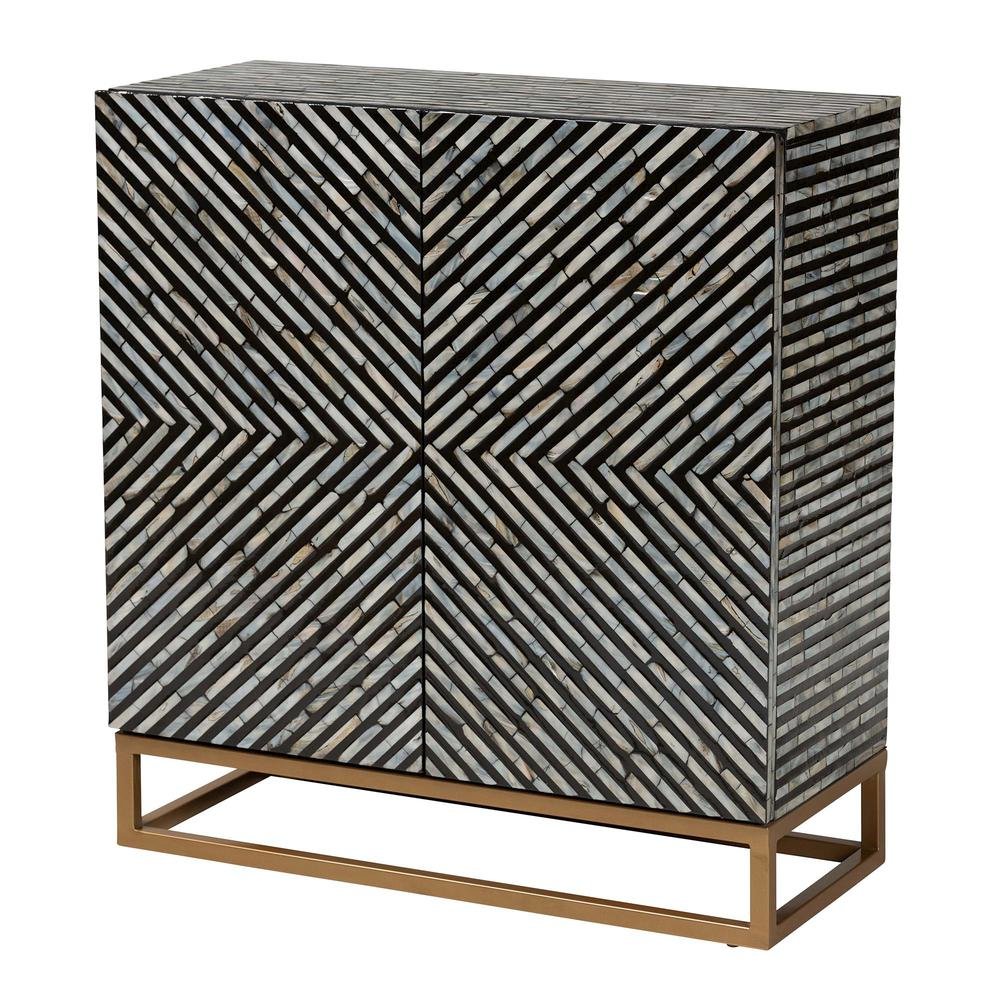 Bohemian Two-Tone Black and Grey Mother of Pearl and Gold Metal Storage Cabinet. Picture 11