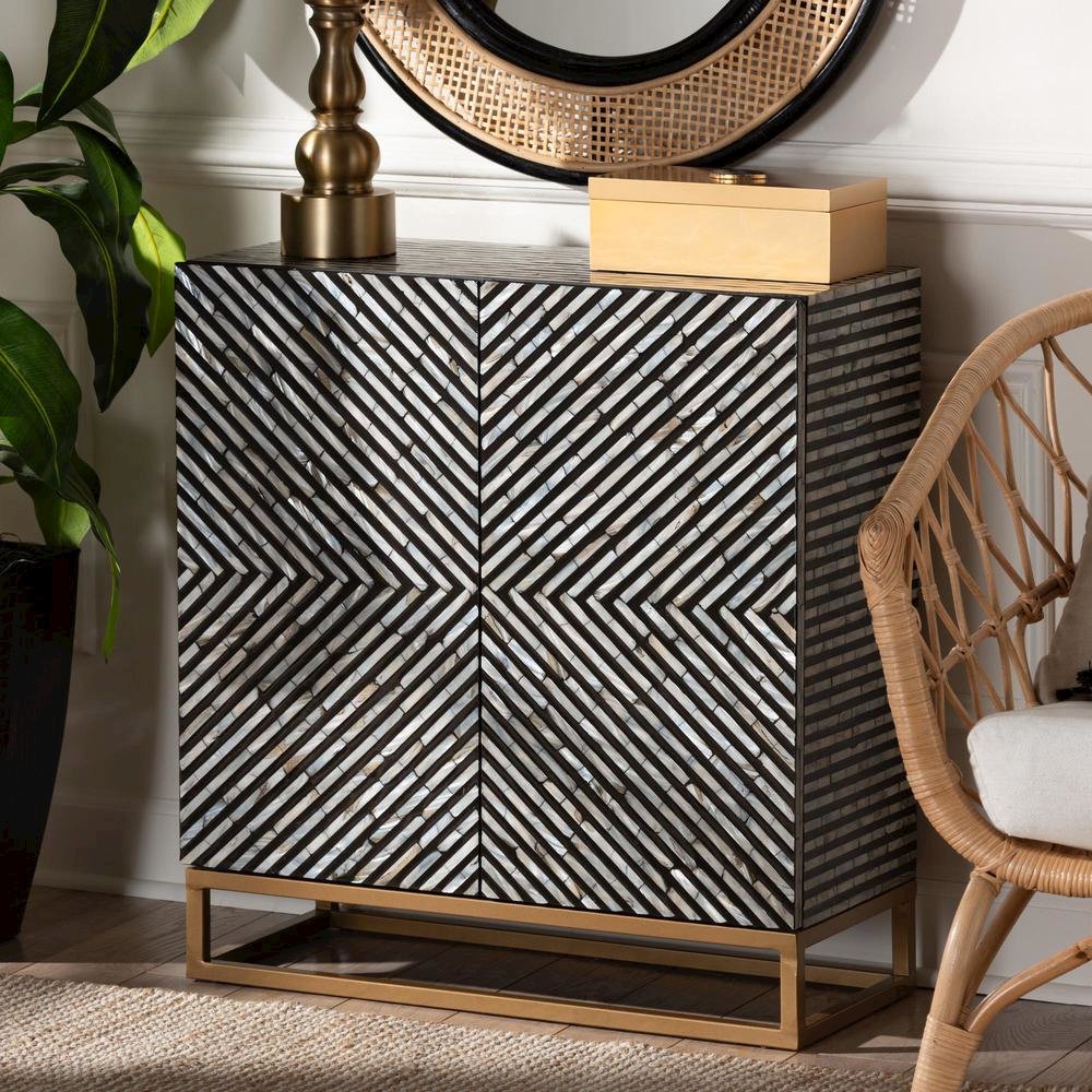 Bohemian Two-Tone Black and Grey Mother of Pearl and Gold Metal Storage Cabinet. Picture 18