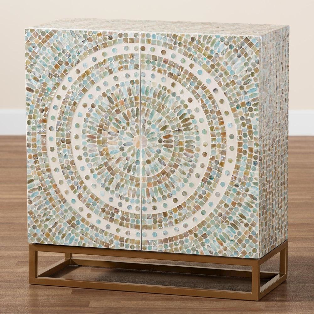 Bohemian Multicolor Mother of Pearl and Gold Metal Storage Cabinet. Picture 2