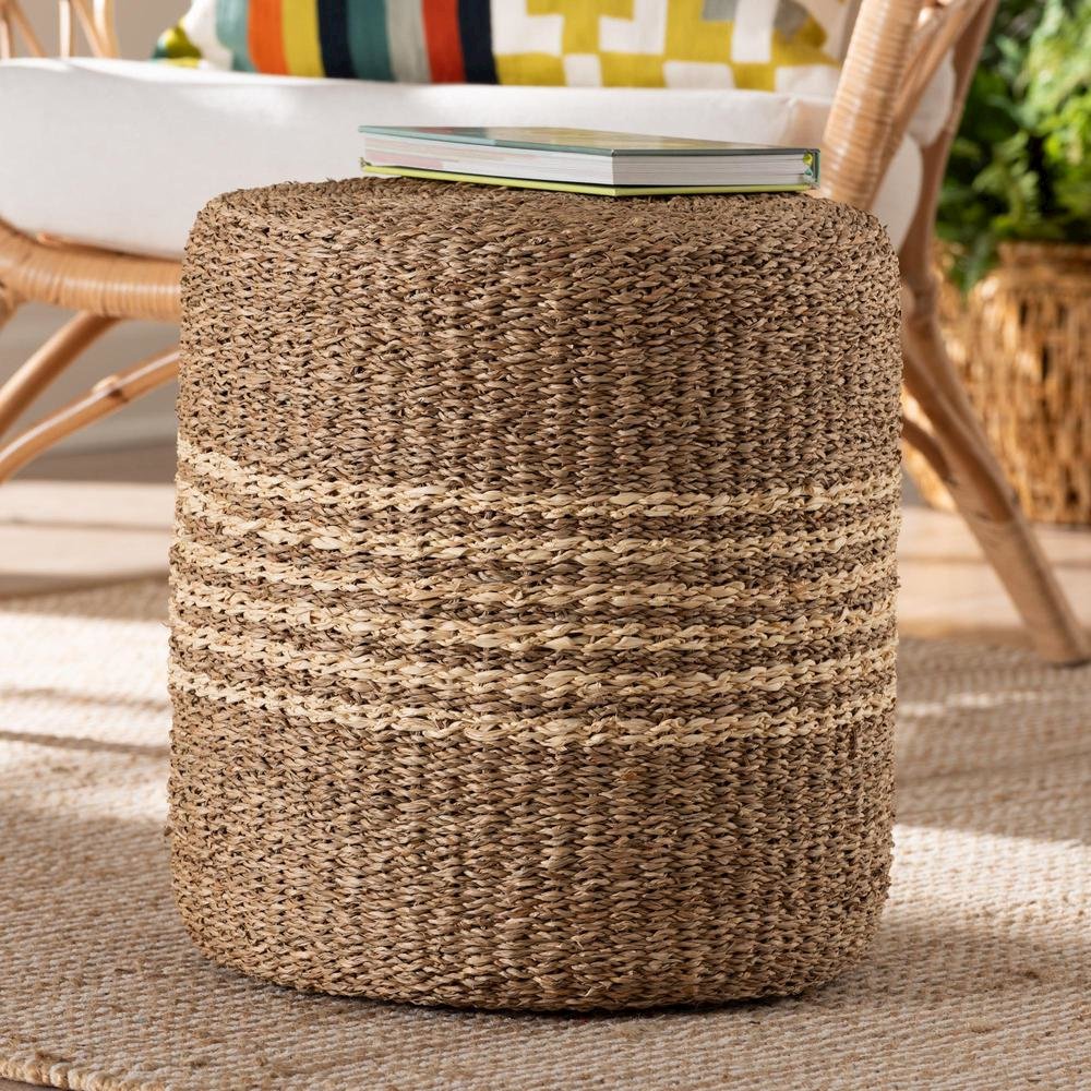 bali & pari Wickham Modern Bohemian Natural Brown Seagrass Ottoman Footstool. Picture 12