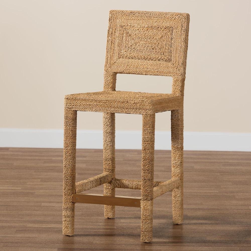 Anfield Modern Bohemian Natural Seagrass and Mahogany Wood Counter Stool. Picture 19