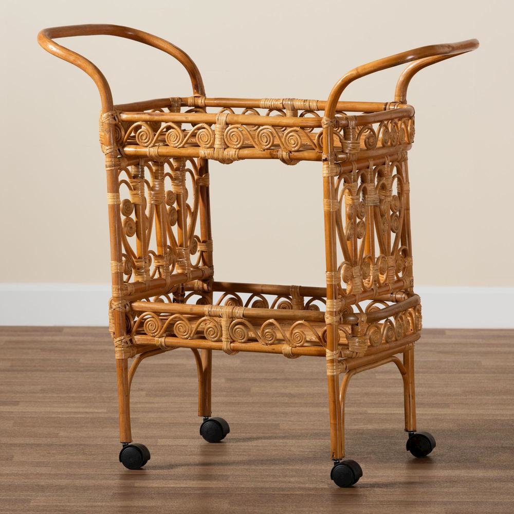 Diwata Modern Bohemian Natural Brown Rattan Kitchen Cart. Picture 17