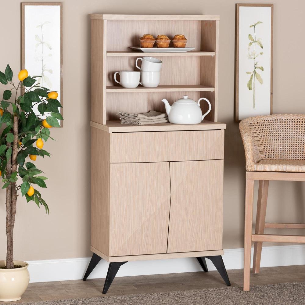 Draper Mid-Century Modern Two-Tone Light Brown and Black Wood Kitchen Cabinet. Picture 16