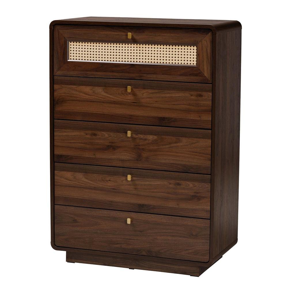 Jenibelle Classic Walnut Brown Wood 5-Drawer Chest with Rattan Drawer. Picture 11
