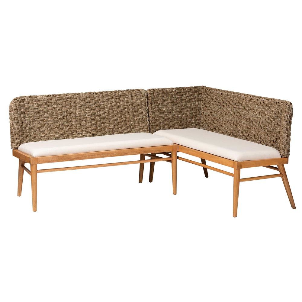 Bohemian Natural Seagrass and Acacia Wood 2-Piece Dining Nook Banquette Set. Picture 10