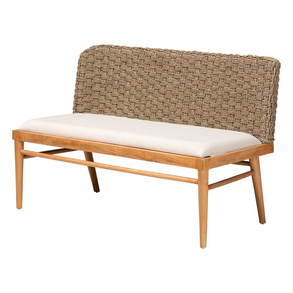 Denver Modern Bohemian Natural Seagrass and Acacia Wood 3-Piece Dining Nook Set. Picture 13