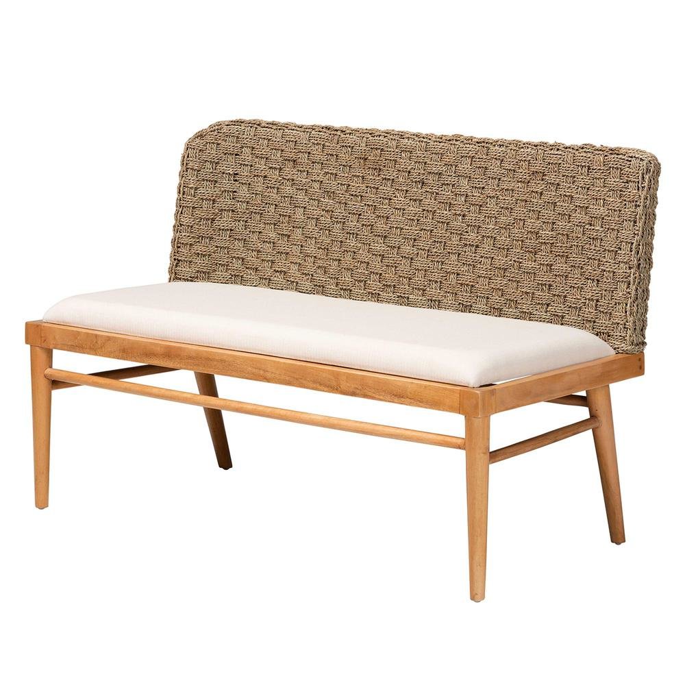 Bohemian Natural Seagrass and Acacia Wood 2-Piece Dining Nook Banquette Set. Picture 11