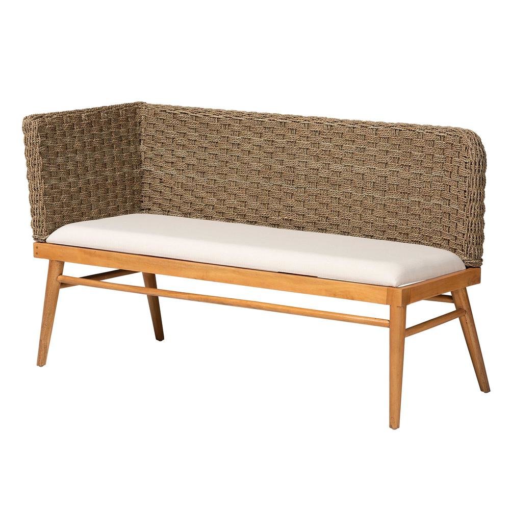 Bohemian Natural Seagrass and Acacia Wood 2-Piece Dining Nook Banquette Set. Picture 12