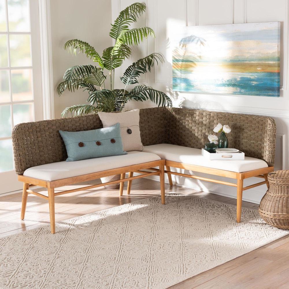 Bohemian Natural Seagrass and Acacia Wood 2-Piece Dining Nook Banquette Set. Picture 16