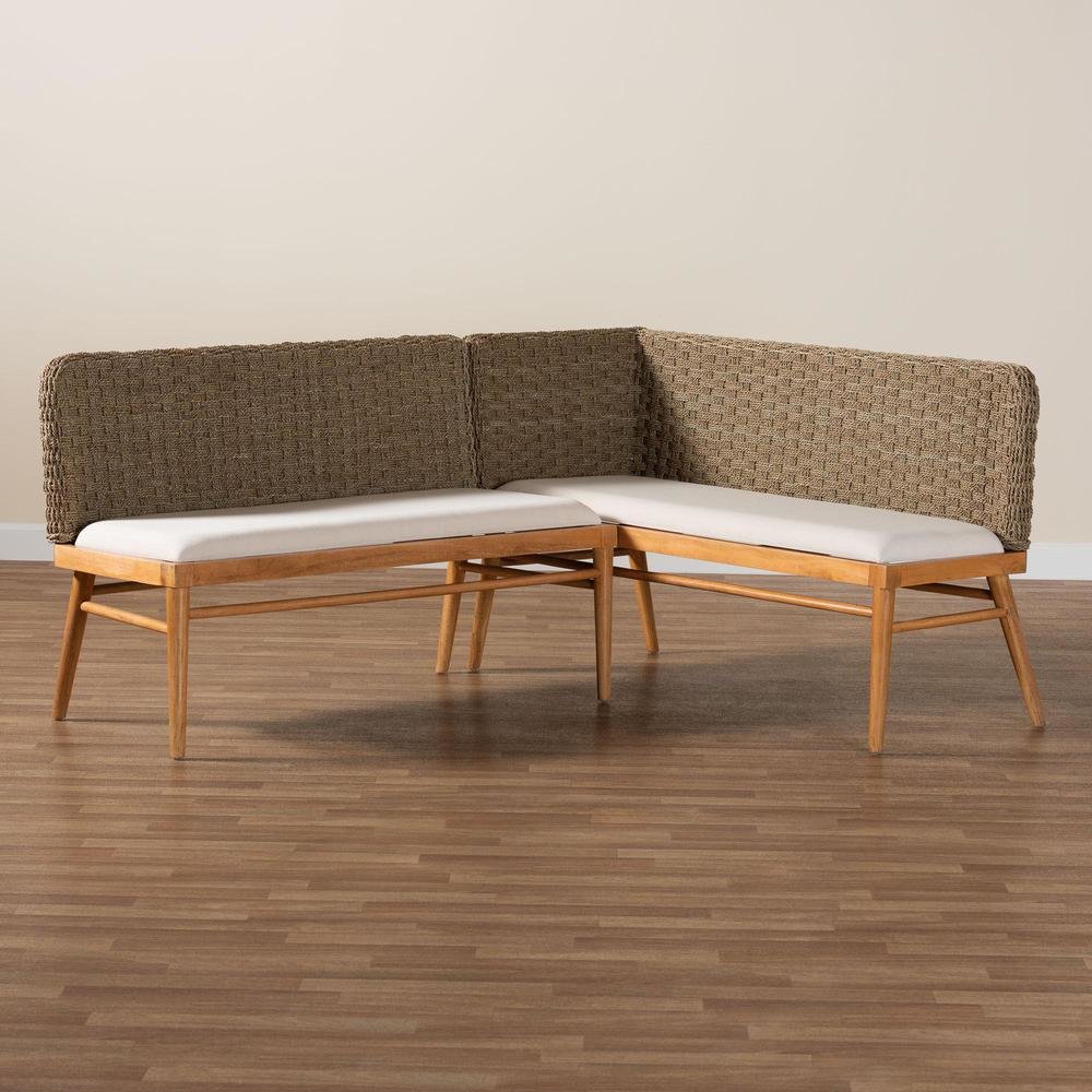 Bohemian Natural Seagrass and Acacia Wood 2-Piece Dining Nook Banquette Set. Picture 17