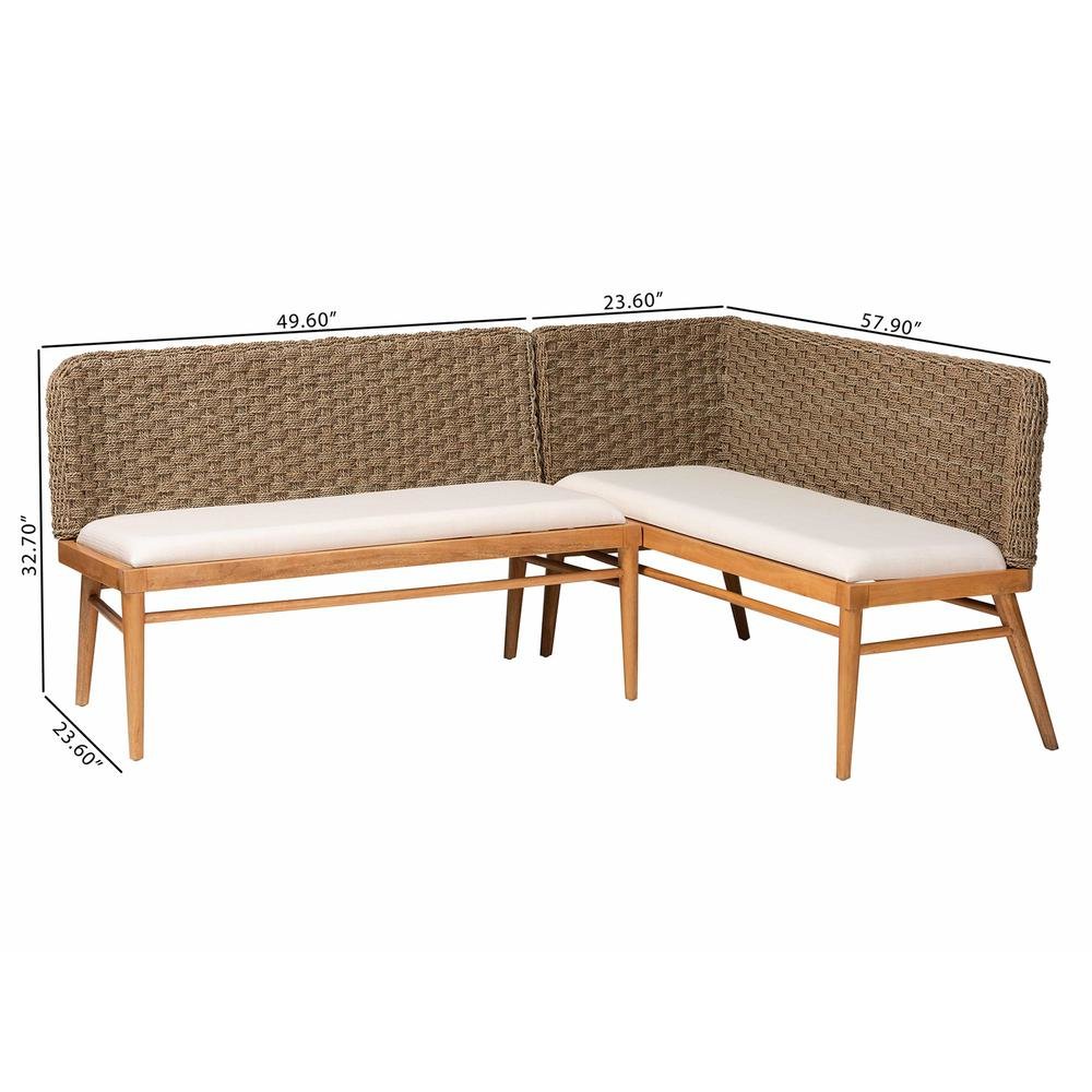 Bohemian Natural Seagrass and Acacia Wood 2-Piece Dining Nook Banquette Set. Picture 18