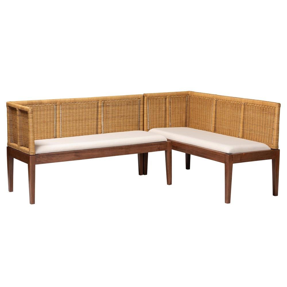 Nautral Brown Rattan and Brown Acacia Wood 2-Piece Dining Nook Banquette Set. Picture 9