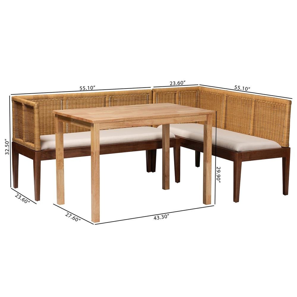 Bohemian Natural Brown Rattan and Brown Acacia Wood 3-Piece Dining Nook set. Picture 20