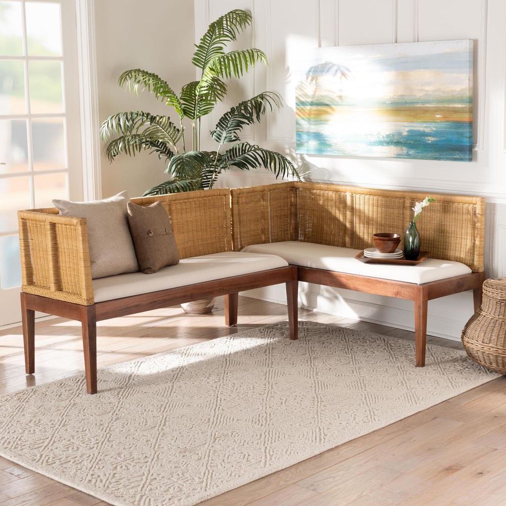 Nautral Brown Rattan and Brown Acacia Wood 2-Piece Dining Nook Banquette Set. Picture 14