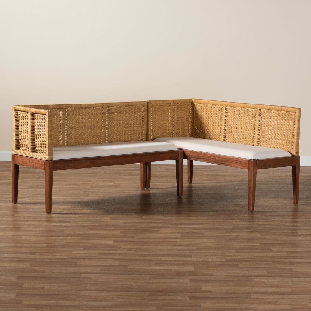 Nautral Brown Rattan and Brown Acacia Wood 2-Piece Dining Nook Banquette Set. Picture 15