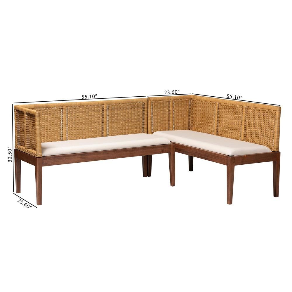 Nautral Brown Rattan and Brown Acacia Wood 2-Piece Dining Nook Banquette Set. Picture 16