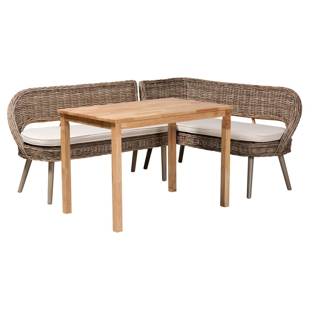 Modern Bohemian Natural Kubu Rattan Bench and Wood Table 3-Piece Dining Nook Set. Picture 1