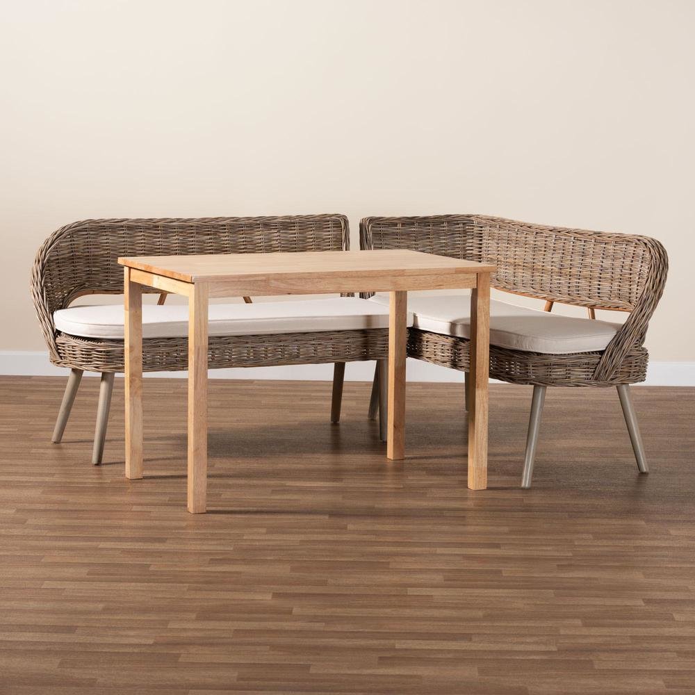 Modern Bohemian Natural Kubu Rattan Bench and Wood Table 3-Piece Dining Nook Set. Picture 10