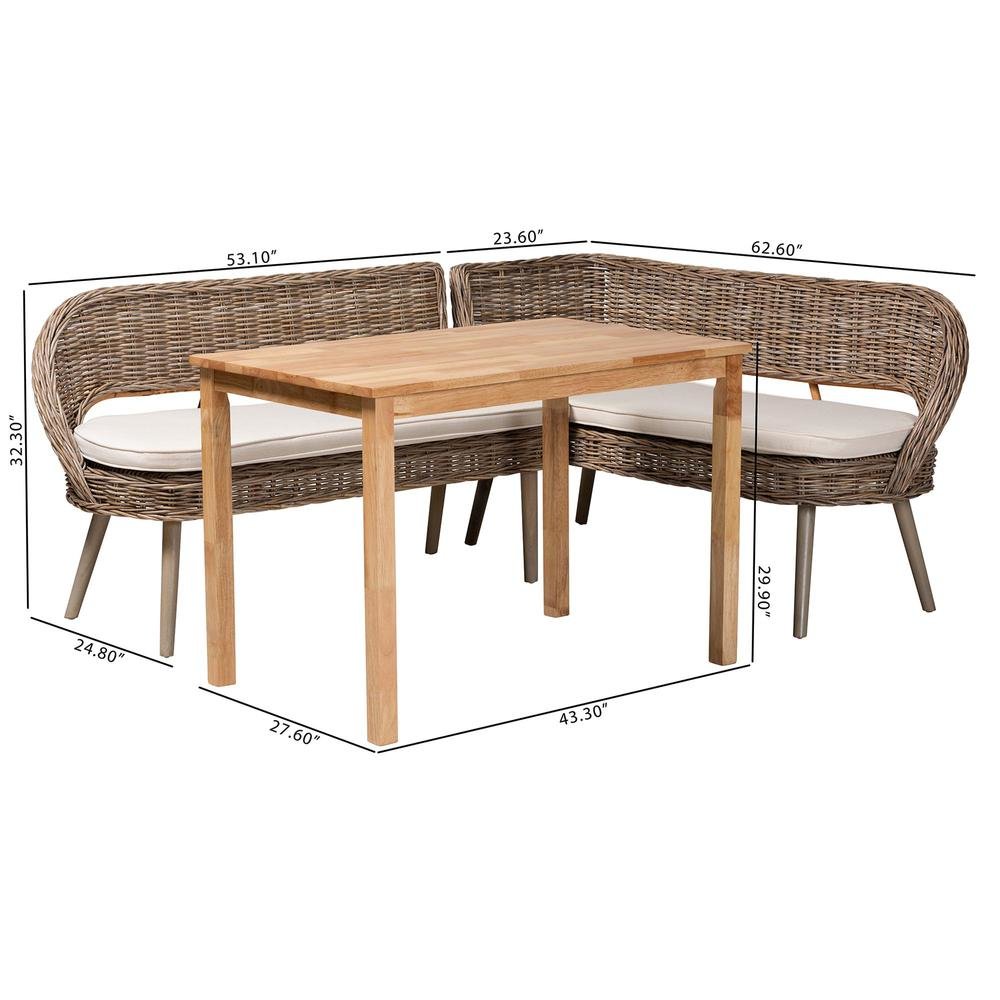 Modern Bohemian Natural Kubu Rattan Bench and Wood Table 3-Piece Dining Nook Set. Picture 2