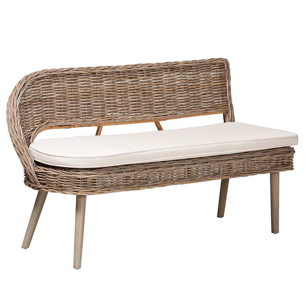 Modern Bohemian Natural Kubu Rattan Bench and Wood Table 3-Piece Dining Nook Set. Picture 3