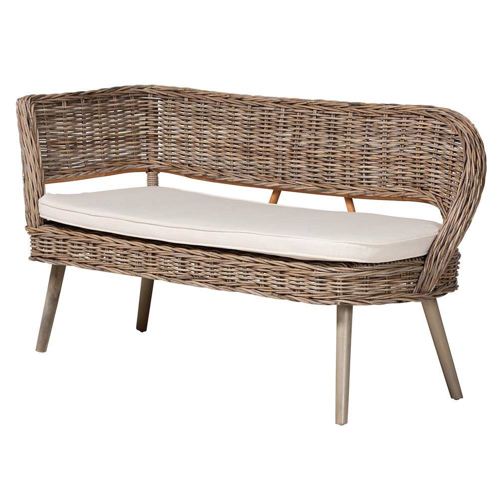 Modern Bohemian Natural Kubu Rattan Bench and Wood Table 3-Piece Dining Nook Set. Picture 4
