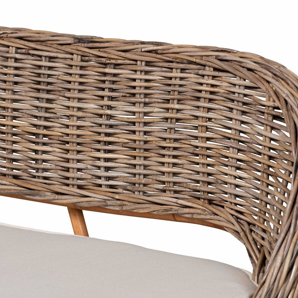 Modern Bohemian Natural Kubu Rattan Bench and Wood Table 3-Piece Dining Nook Set. Picture 7