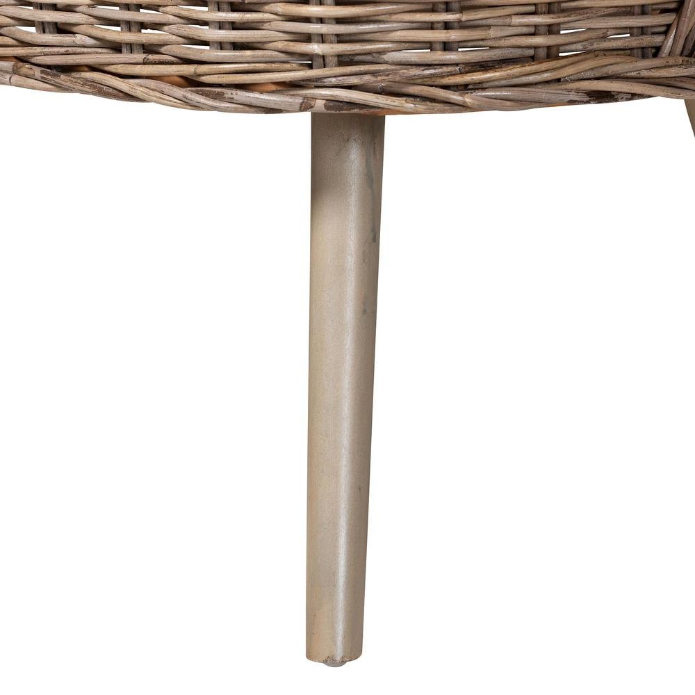 Modern Bohemian Natural Kubu Rattan Bench and Wood Table 3-Piece Dining Nook Set. Picture 8