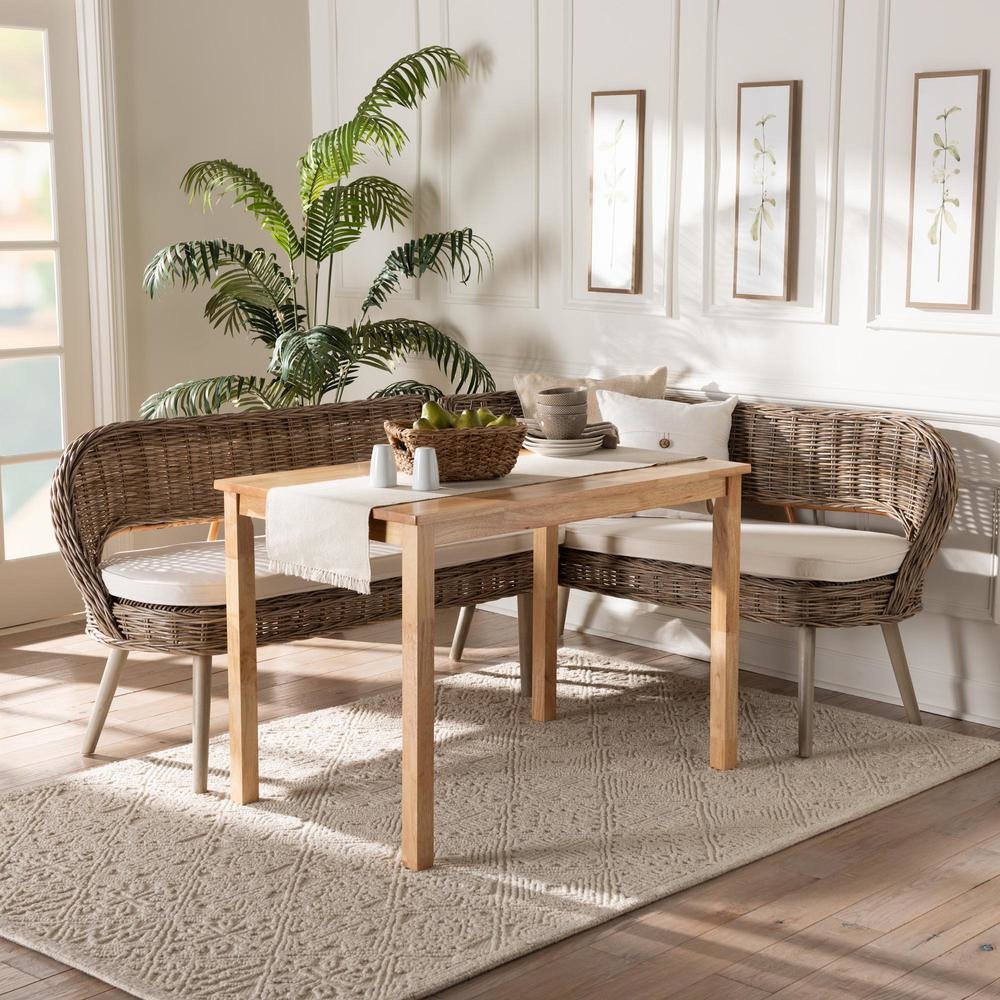 Modern Bohemian Natural Kubu Rattan Bench and Wood Table 3-Piece Dining Nook Set. Picture 9