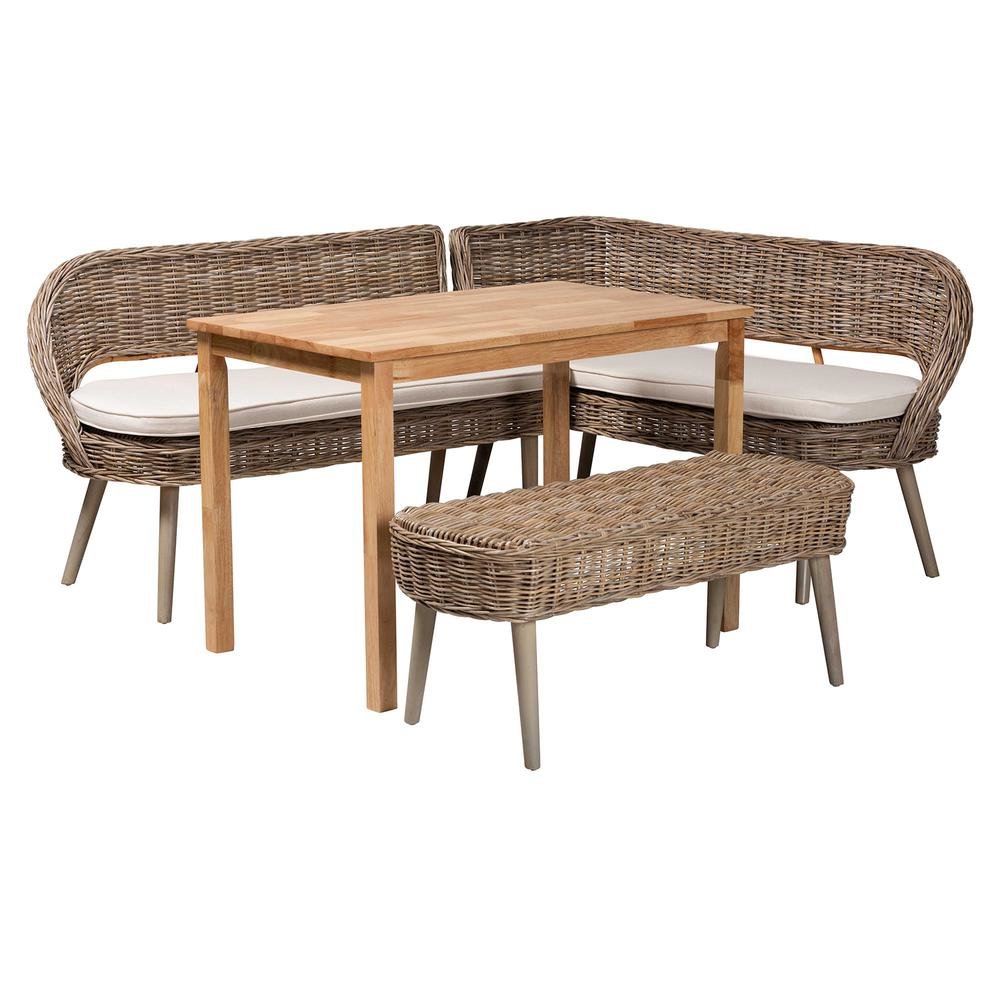 Modern Bohemian Natural Kubu Rattan Bench and Wood Table 4-Piece Dining Nook Set. Picture 1