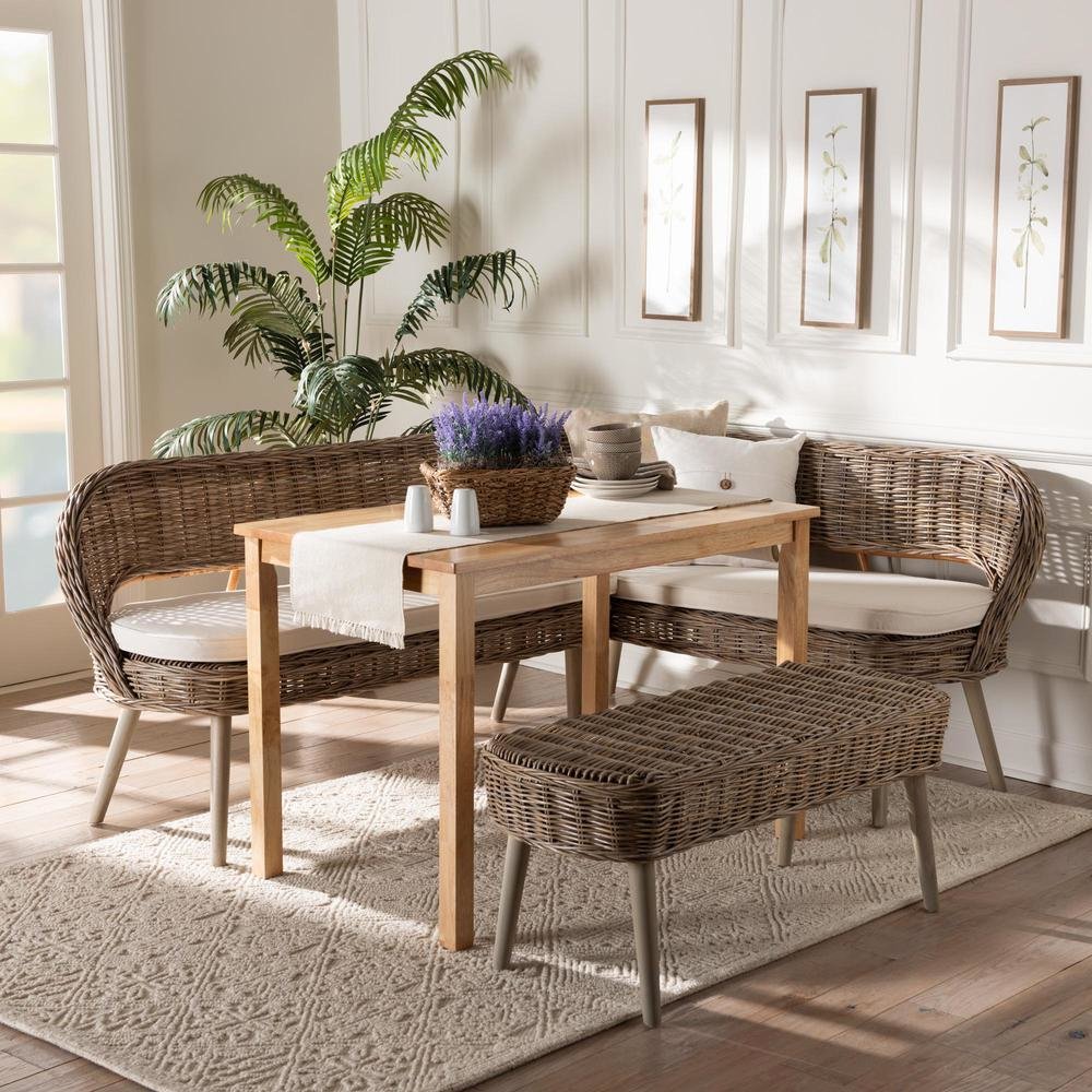 Modern Bohemian Natural Kubu Rattan Bench and Wood Table 4-Piece Dining Nook Set. Picture 10